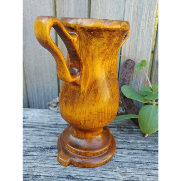 Vintage Milled Wood Trophy Cup Vase, Mod Dry Flower Vase Wood Home Decor - Picture 3 of 10